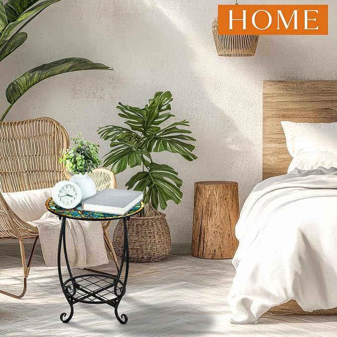 Outdoor Side Table Round Small Mosaic Patio Accent Indoor End Plant Coffee Tea - Image 2