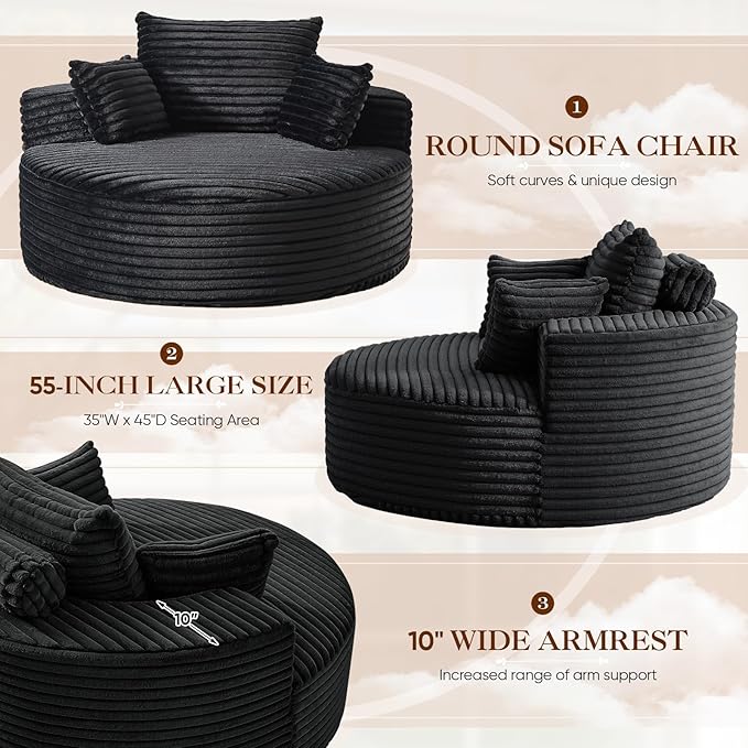 Oversized Round Chaise Longue Chair Indoor, Modern 55-inch Upholstered Corduroy - Image 5