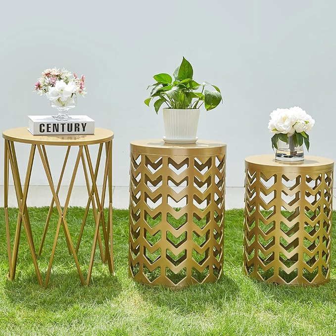 Nesting Side Table Set of 3 Decorative Round Garden Stools by HFHOME