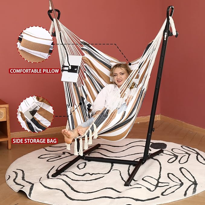 ZEYU Hammock Chair with Stand Double Hammock Chair Bohemian Style with Tassel - Image 6