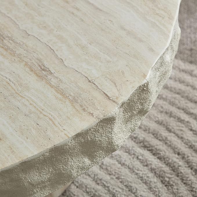 Round Coffee Table, 31.69" Fiberglass Faux Marble Pattern Imitation Stone Table - Image 6
