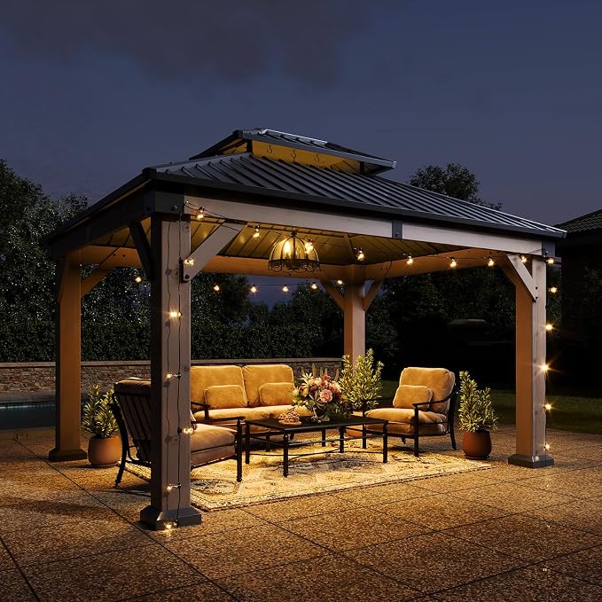 Aoxun 10' x 12' Outdoor Wood Gazebo, Hardtop Gazebo Permanent Wooden Pavilion - Image 2