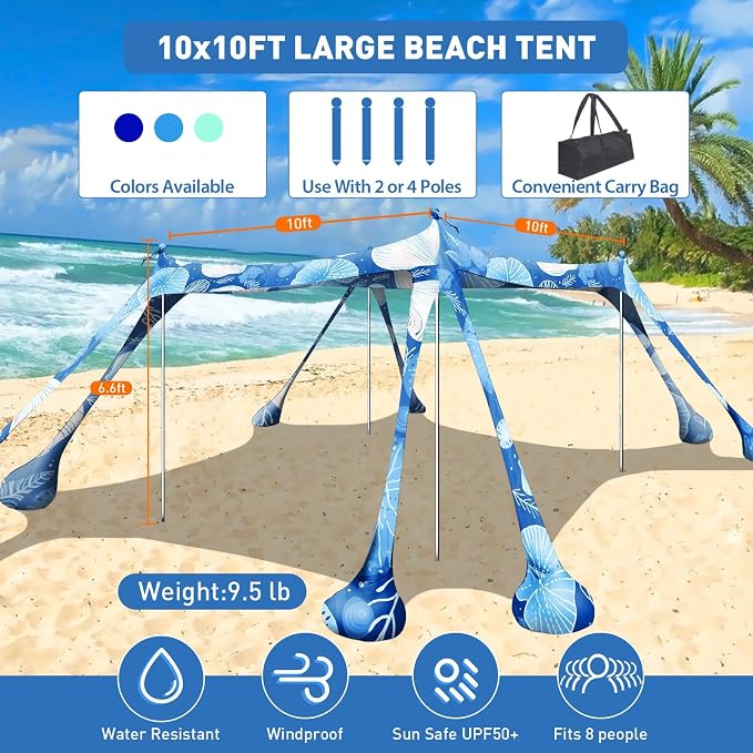 Beach Tent Sun Shelter 10x10ft Beach Canopy Easy Pop Up Sun Shade Portable - Image 2