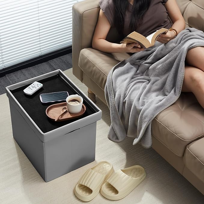 AmasSmile Storage Ottoman Folding Foot Rest Stool, Leather Footstool Bench - Image 2