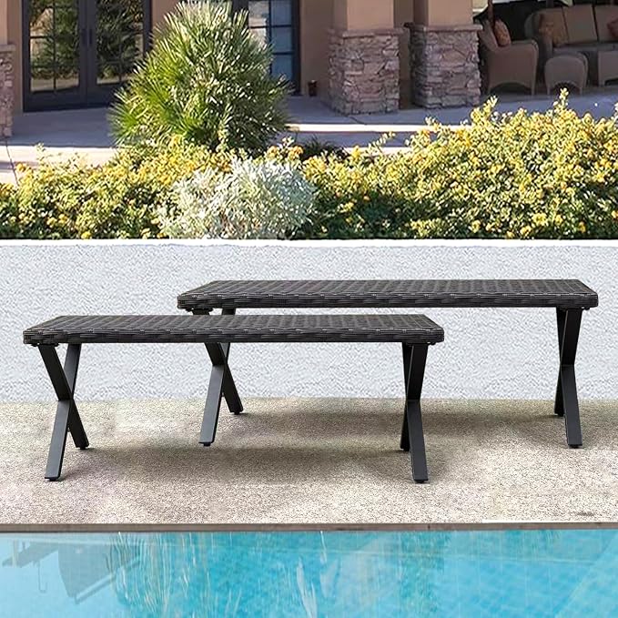 46” Black Rattan Bench with Metal X-Legs Set of 2, Wicker Frame Patio Bench - Image 3