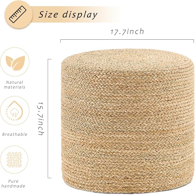 Handwoven Ottoman Pouf, Natural Seagrass Footstool, Round Braided Outdoor Seat - Image 3