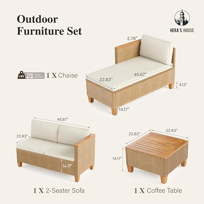HERA'S HOUSE Small Patio Furniture Set, 3 Pieces Wicker Outdoor Sectional Sets - Image 8