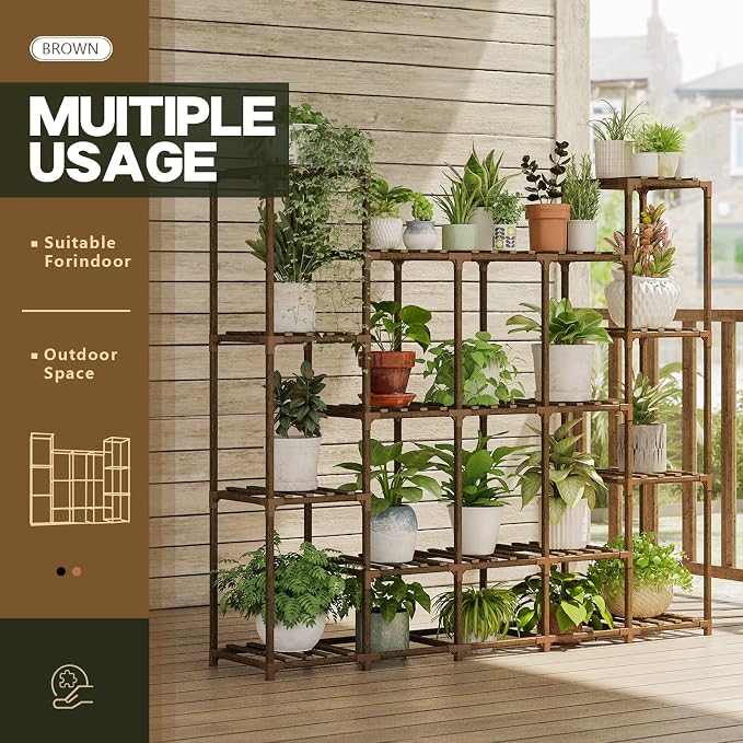 Bamworld Large Plant Shelf Indoor Plant Shelf Outdoor Tall Wood Plant Holder - Image 2