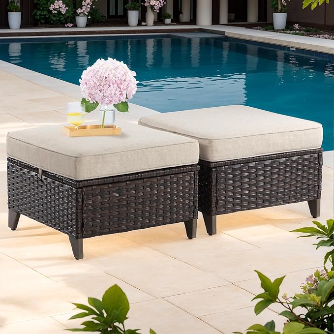 Joyside Patio Ottoman Set of 2, All Weather Outdoor Rattan Ottomans Patio by Joyside