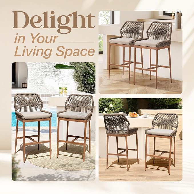 IDZO Boho Rope Bar Stools Set of 2, 400lbs Capacity, Cushions & Ergonomic - Image 5