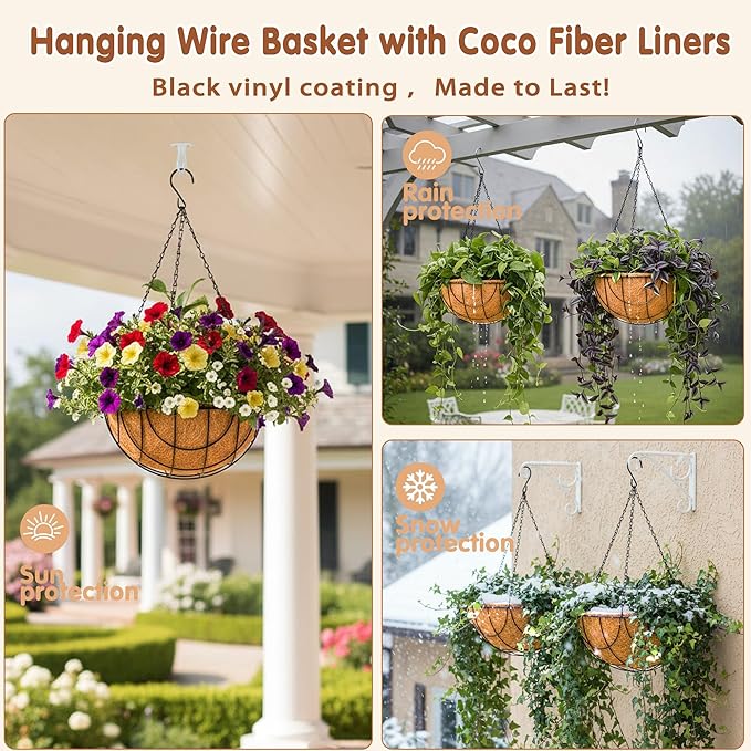 12 inch Metal Hanging Baskets for Plants Outdoor 4 Pack Round Metal Wire - Image 3