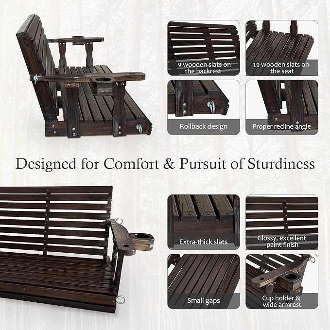 Fortune Candy Wooden Porch Swing 3-Seater, High Backrest and Deep Seat - Image 5