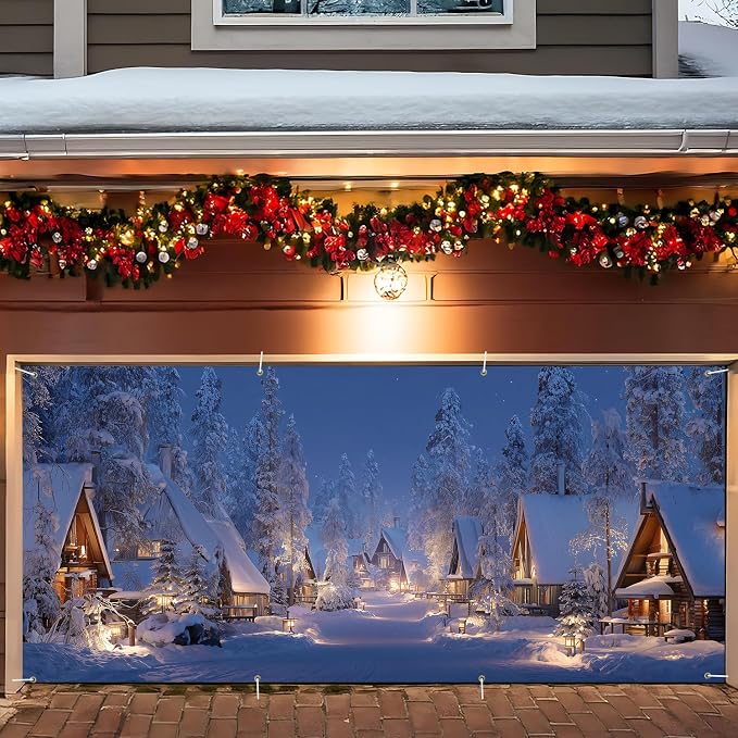 Snowy Winter Village Garage Door Decorations 6x13FT, Cozy Christmas Cabin by ANNAQUEEN