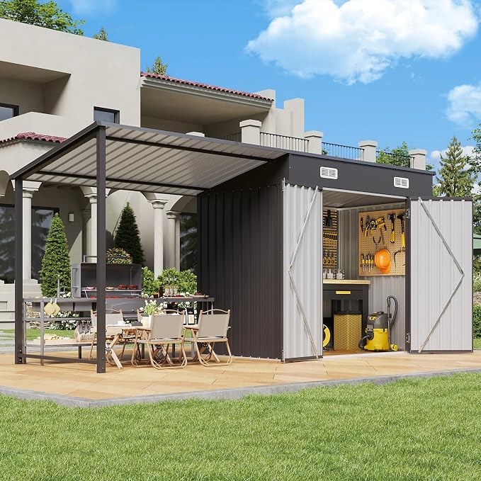 Aoxun 6x4FT Outdoor Storage Shed & Hardtop Gazebo Combo, 12x4FT Metal Lean to - Image 5