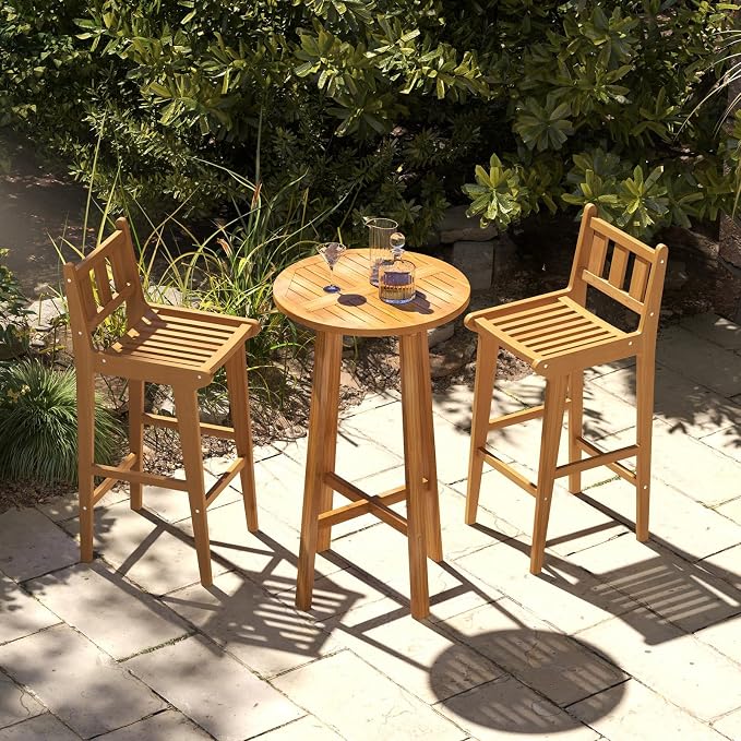 Tangkula 3 Piece Patio Bar Set, Teak Wood Bistro Furniture - Image 2