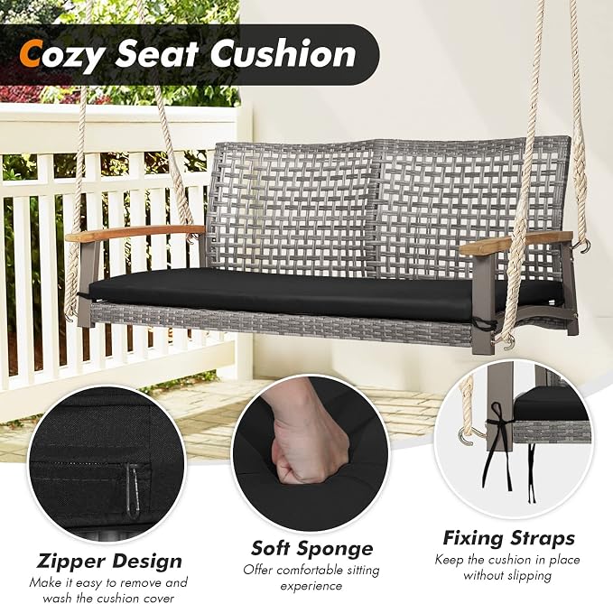 Happygrill 2-Person Patio Porch Swing Chair, Outdoor Rattan Swing Bench - Image 6