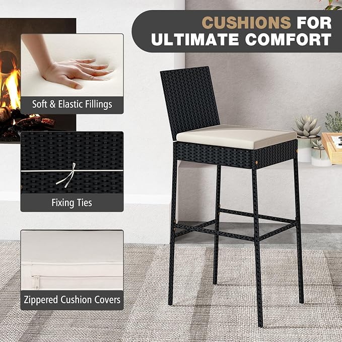 HAPPYGRILL Wicker Patio Barstools Set of 4, Outdoor Rattan Bar Chairs - Image 7