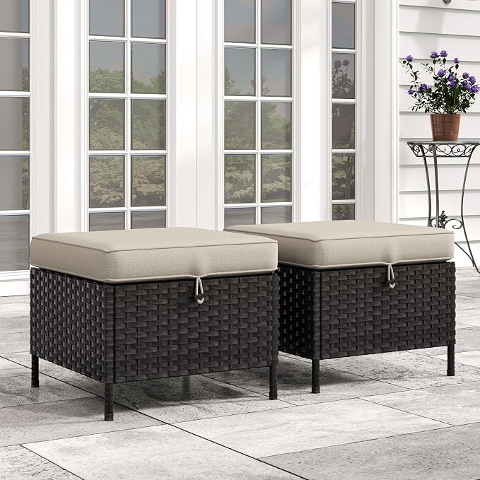 Patio Wicker Ottomans with Removable and Washable Covers, PE Rattan Outdoor by Meetleisure-LeisureLiving
