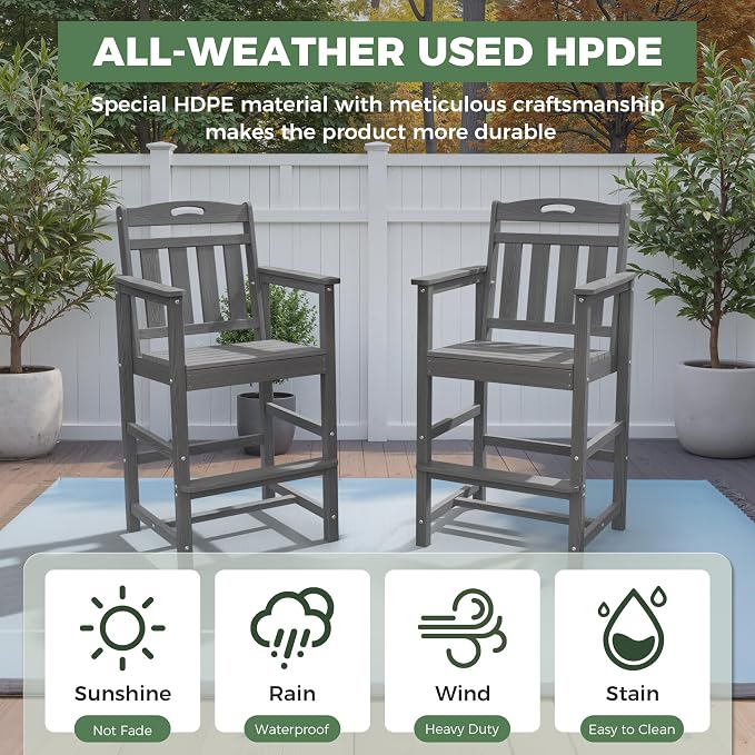 Outdoor Patio Bar Height Chair, All-Weather HDPE Tall Balcony Adirondack Stools - Image 2