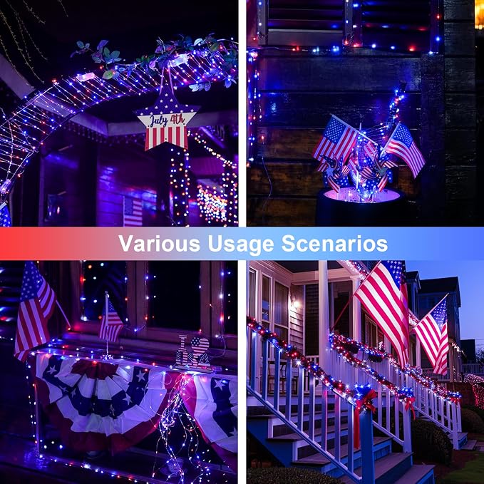 JMEXSUSS 2 Pack Red White and Blue Solar Lights, Each 100 LED 33FT Solar Fairy - Image 8