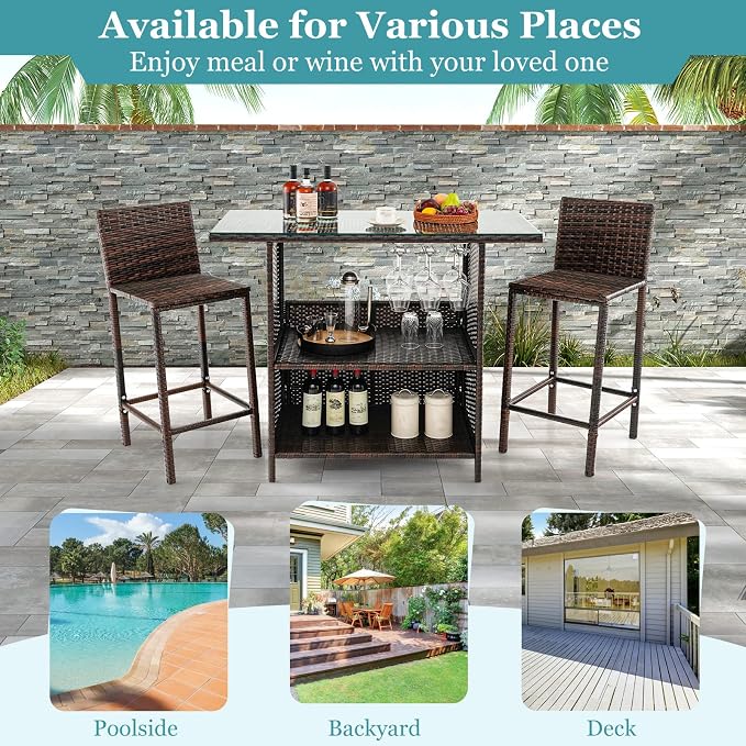 Tangkula Outdoor Bar Set, 3 Pieces Patio Wicker Bar Height Table and Chair Set - Image 9