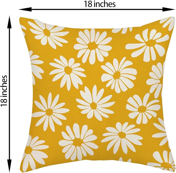 Mustard Yellow Pillow Covers 18x18 Inch 2 Pcs Daisy Floral Summer Outdoor Decor - Image 6