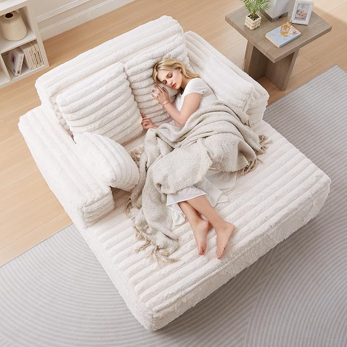 56" Oversized Chaise Lounge Chair Indoor, Plush Faux Fur Sleeper Sofa Couch Bed - Image 5
