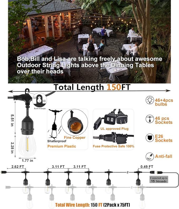 Achin Outdoor String Lights 150 Feet LED Waterproof Patio Lights - Image 2