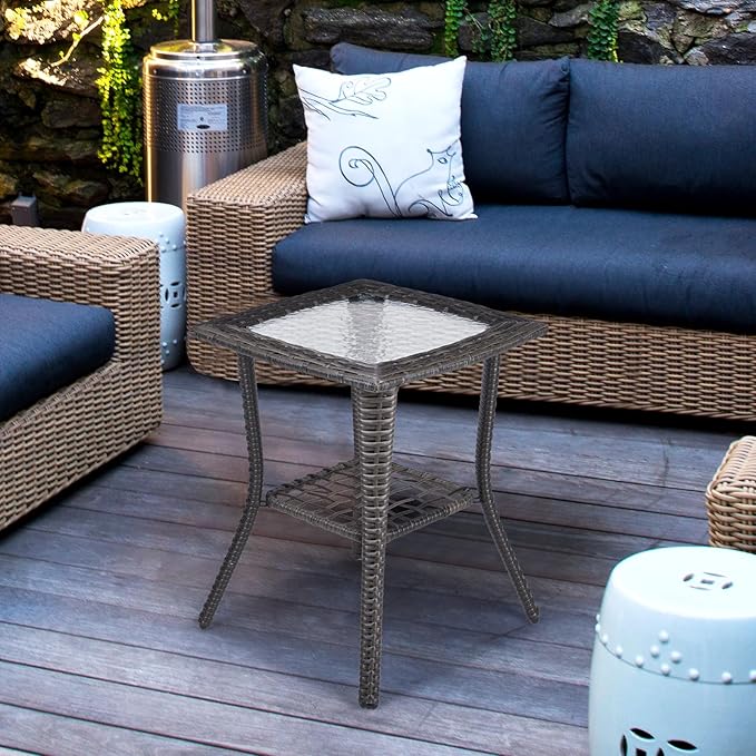 Outdoor Side Table with Storage Wicker Patio Side Table, Tempered Glass Top End - Image 2