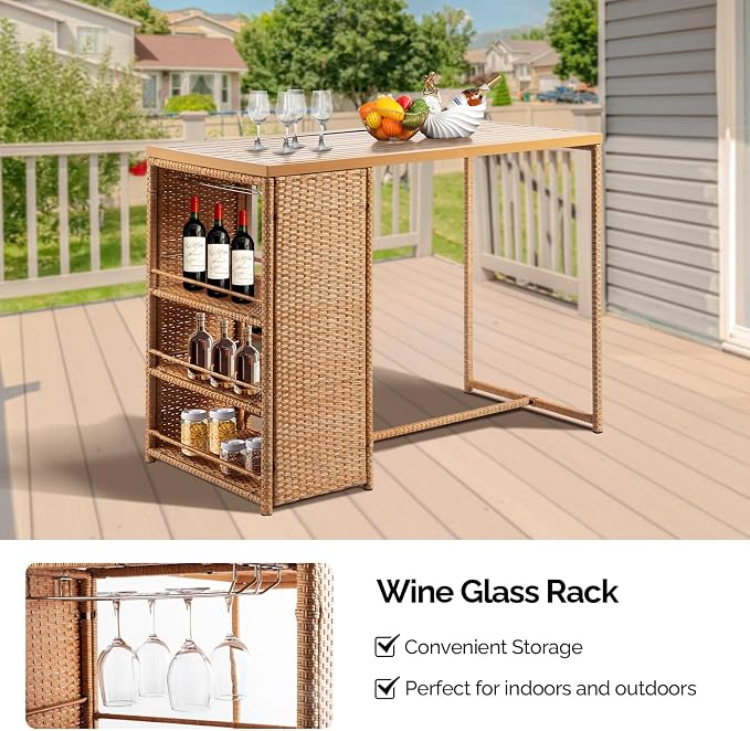 Outvita 5-Piece Outdoor Bar Set, Wicker Rattan Bar Height Patio Set w/4 Cushion - Image 4