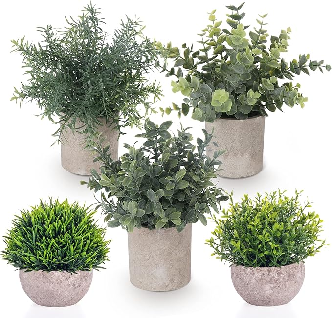 Fake Plants, 5 Pack Small Fake Plants Mini Potted Artificial Eucalyptus by Lemonfilter