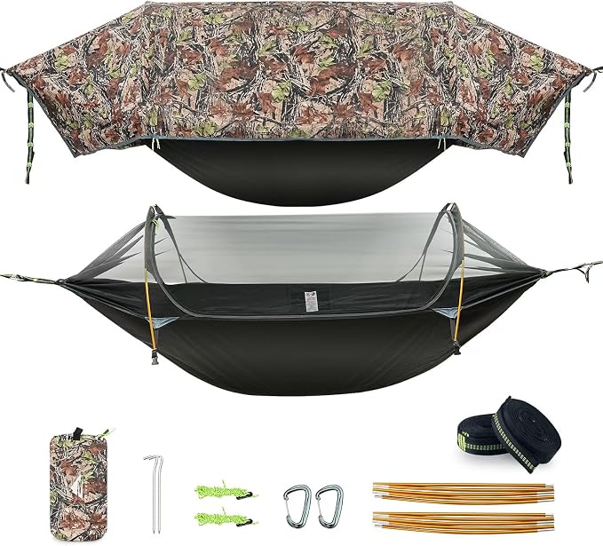 Camping Hammock Tent with Mosquito Net & RainFly, 3 in 1 Waterproof Lightweight by Rivenlo