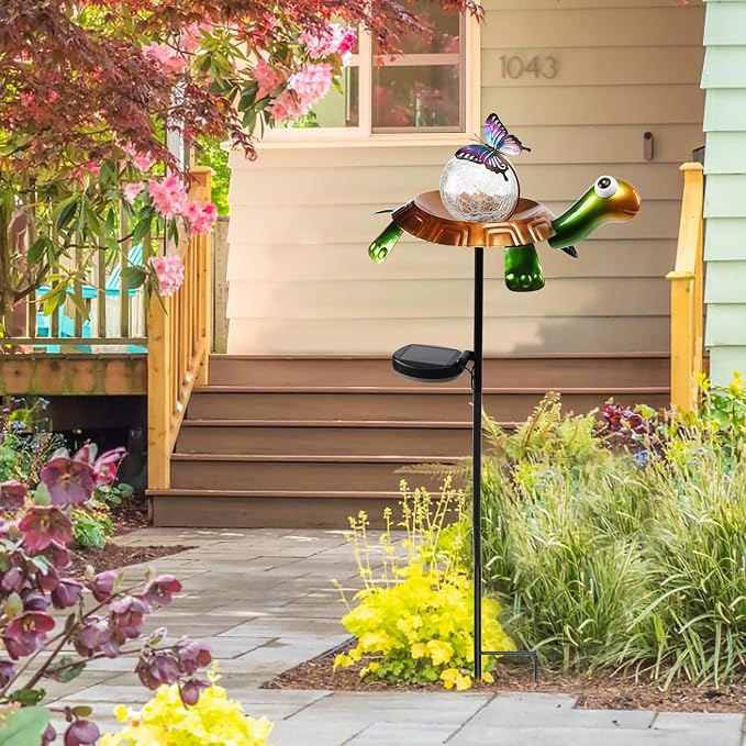 Afirst Solar Lights Outdoor Decorative Metal Turtle Crackle Glass Globe - Image 3