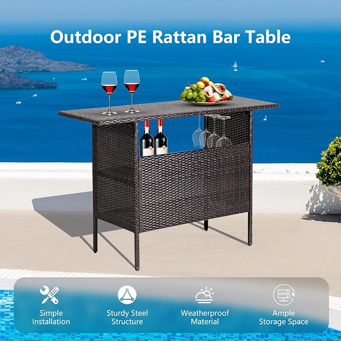 Tangkula Outdoor Wicker Bar Table, Patiojoy All Weather Patio Bar Height Table - Image 4