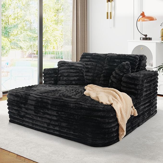 56" Oversized Chaise Lounge Chair Indoor, Plush Faux Fur Sleeper Sofa Couch Bed by JEEOHEY