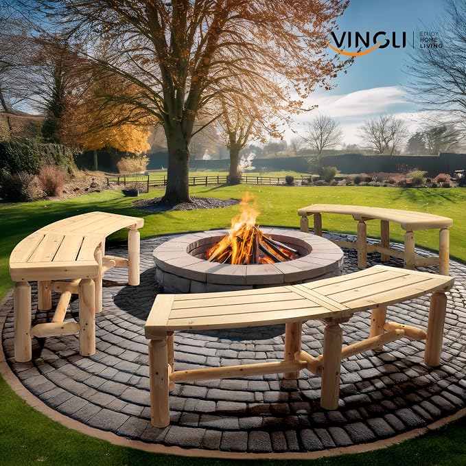 VINGLI Outdoor Bench Wooden Curved Bench, All-Weather Fire Pit Backless Patio - Image 2
