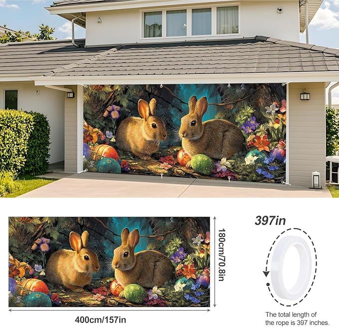 ANNA QUEEN Easter Bunny Garage Door Banner 6x13FT, Two Rabbits and Easter Eggs - Image 3