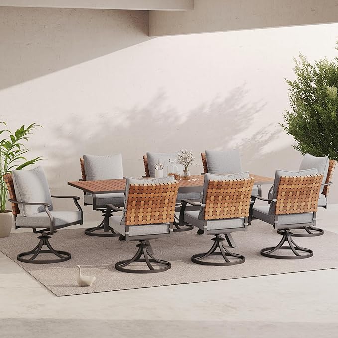 Grand patio 9-Piece Outdoor Dining Set, 8 Leather-Look Wicker Swivel Patio - Image 2