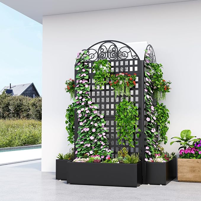 Metal Raised Garden Bed with Trellis, Freestanding Divider Fence with Drainage - Image 6