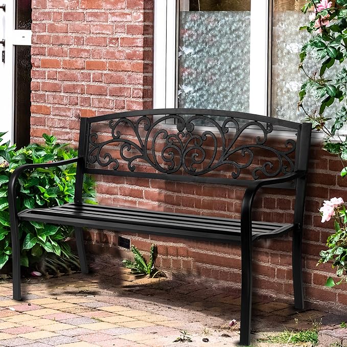 50in Outdoor Garden Park Bench, Outdoor Metal Porch Benches, Weatherproof Patio - Image 2