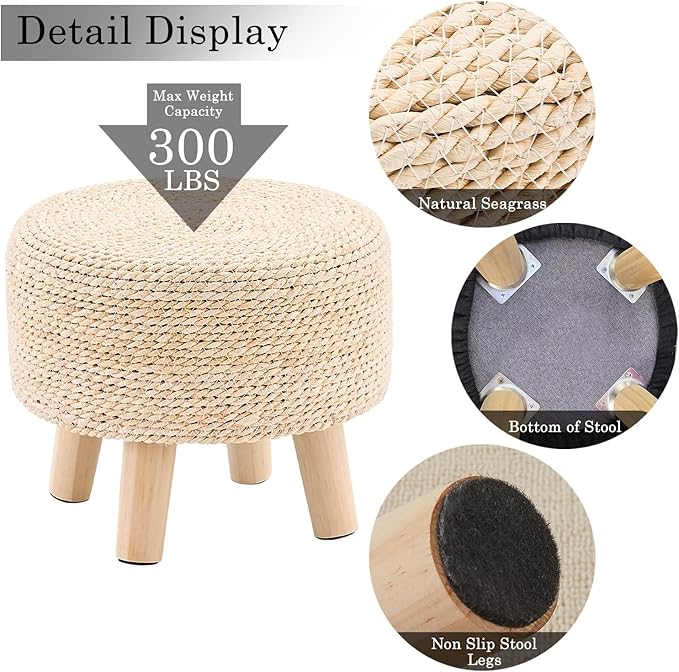 Cpintltr Ottoman Natural Seagrass Footrest Poufs Hand Weave Round Foot Stool - Image 4