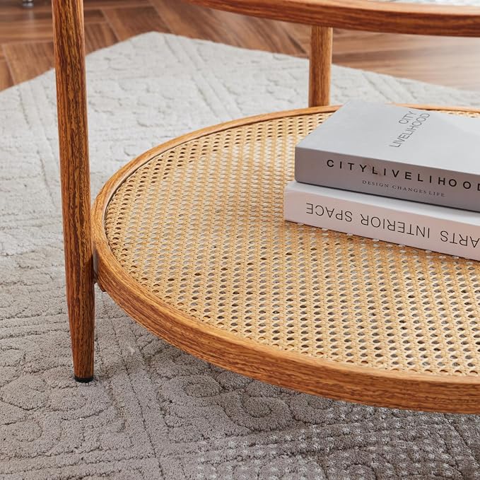 VINGLI 30" Rattan Coffee Table, Round Water-Wave Glass Metal Center Table - Image 6