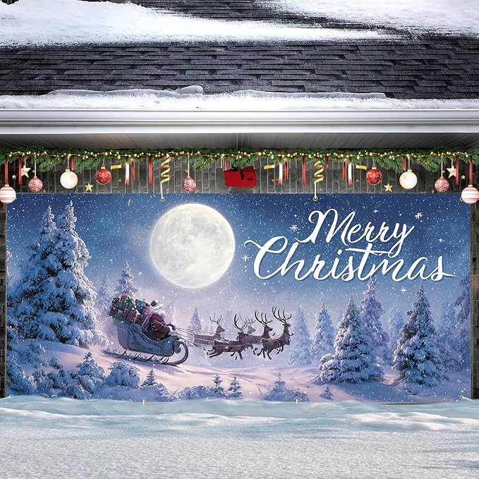 Merry Christmas Santa Sleigh Garage Door Decorations 6x13FT, Flying Reindeer - Image 7