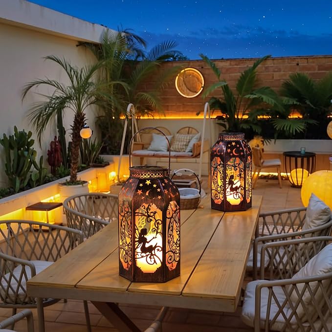 Solar Lanterns Outdoor Garden Hanging Lantern Waterproof LED Metal Bronze Moon - Image 4