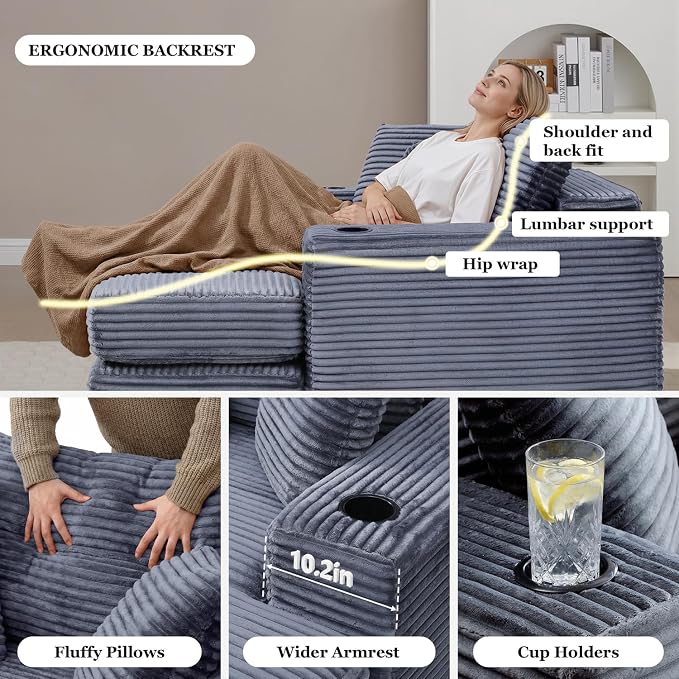 HANXIN 62" Chaise Lounge Chair Indoor, Oversized Corduroy Boneless Convertible - Image 5