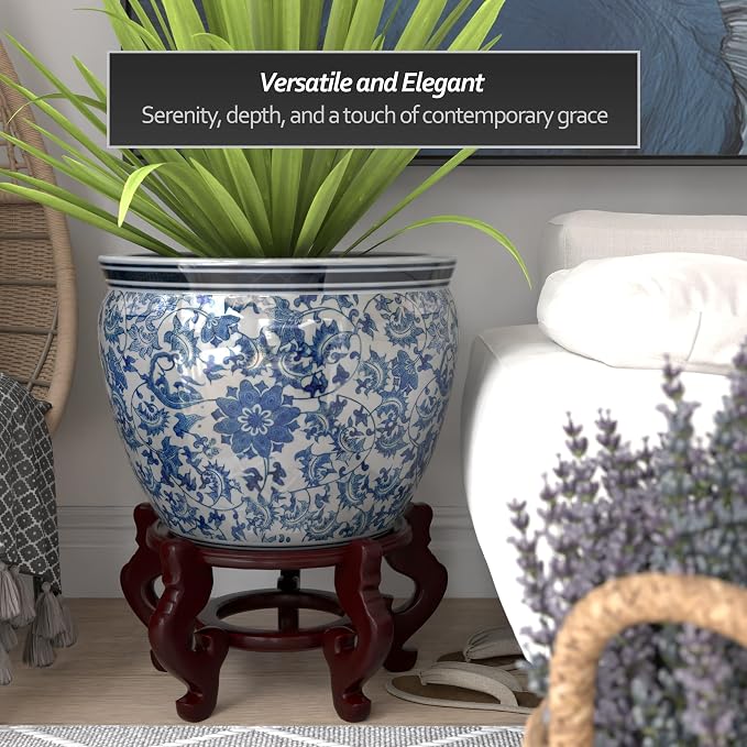 Red Lantern Large 20" Porcelain Fishbowl Blue & White Floral Planter or Cachepot - Image 3