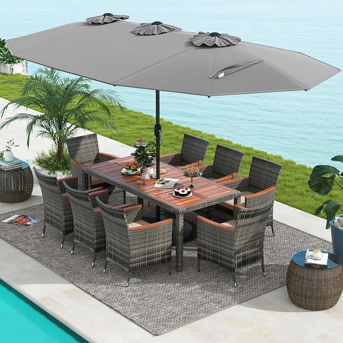 Tangkula 10 Pieces Patio Wicker Dining Set w/Double-Sided Patio Umbrella - Image 8