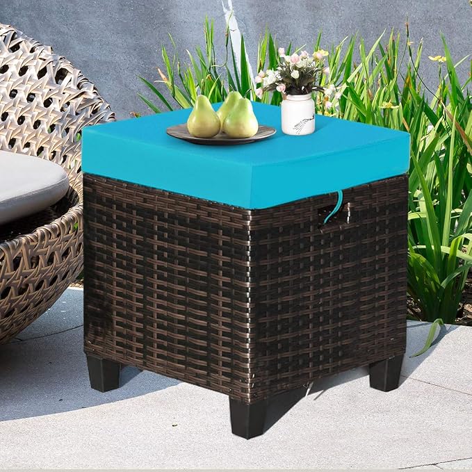 2PCS Patio Outdoor Ottomans, Rattan Wicker Ottoman Seat w/Removable Cushions - Image 8