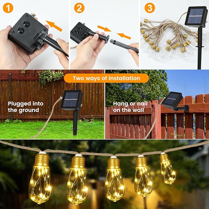 Solar String Lights, 24FT Vintage Rope Hemp Solar Outdoor String Lights - Image 4