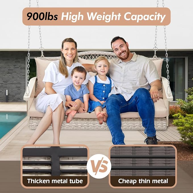 Upgraded Wicker Hanging Porch Swing Heavy Duty 900 LBS 3-Seat Outdoor Patio - Image 3